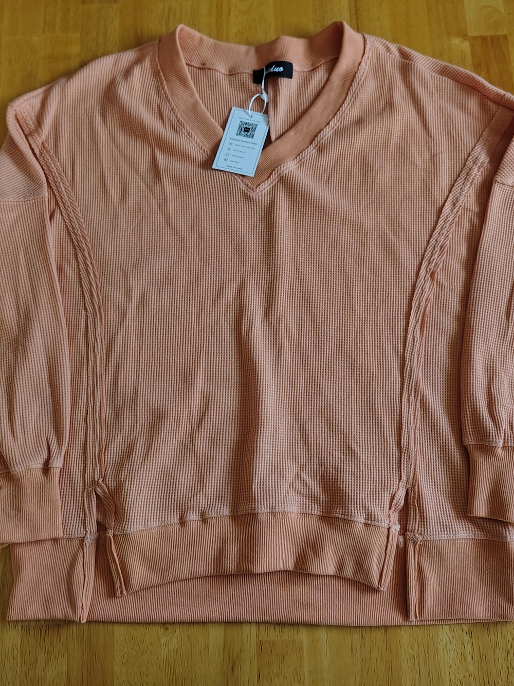 Miduo Waffle Knit V-Neck Sweater Top Terracotta Orange Women's Size L NWT Cozy